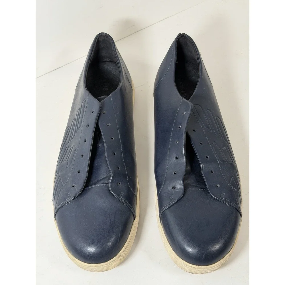 Emporio Armani low-top sneakers, night blue leather w/a debossed eagle logo, M12